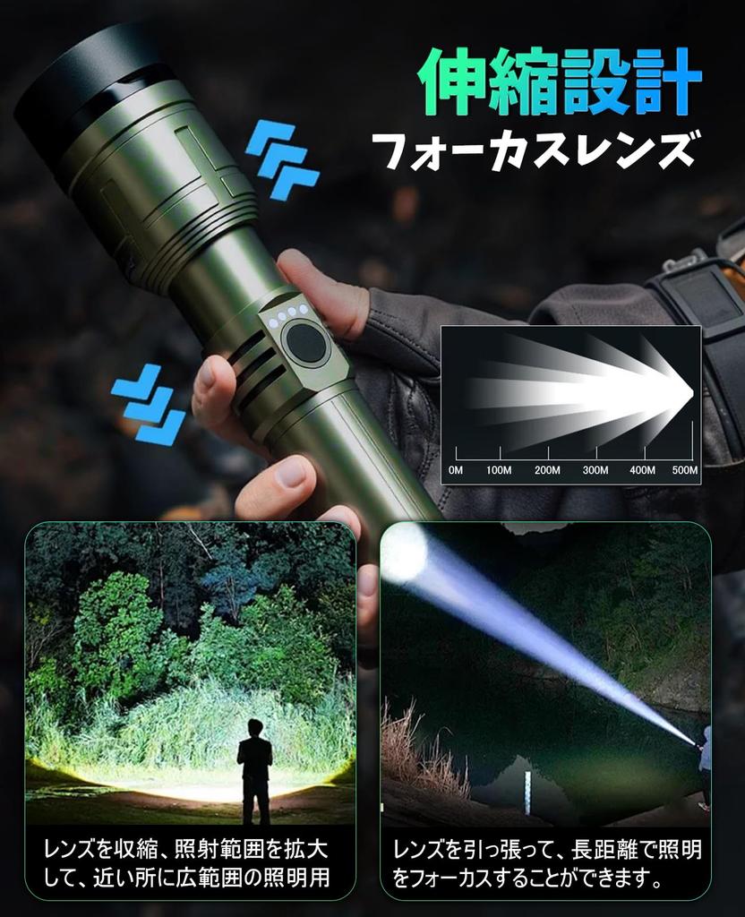 JUNHOTAI Powerful LED Flashlight with Fresnel Lens and Fire Starter 216mm X 50mm Rechargeable 5000mAh 26650 Lumens Adjustable Focal 5 Dimming 500M