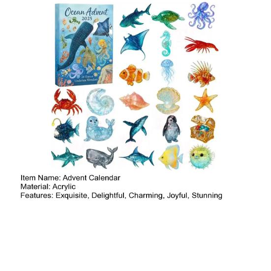 2025 Adventní kalendář s mořským životem 24 dní Vánoční odpočítávací kalendář s tématem oceánu s 24 ozdobami oceánských zvířat pro milovníky oceánu, děti, sběratele