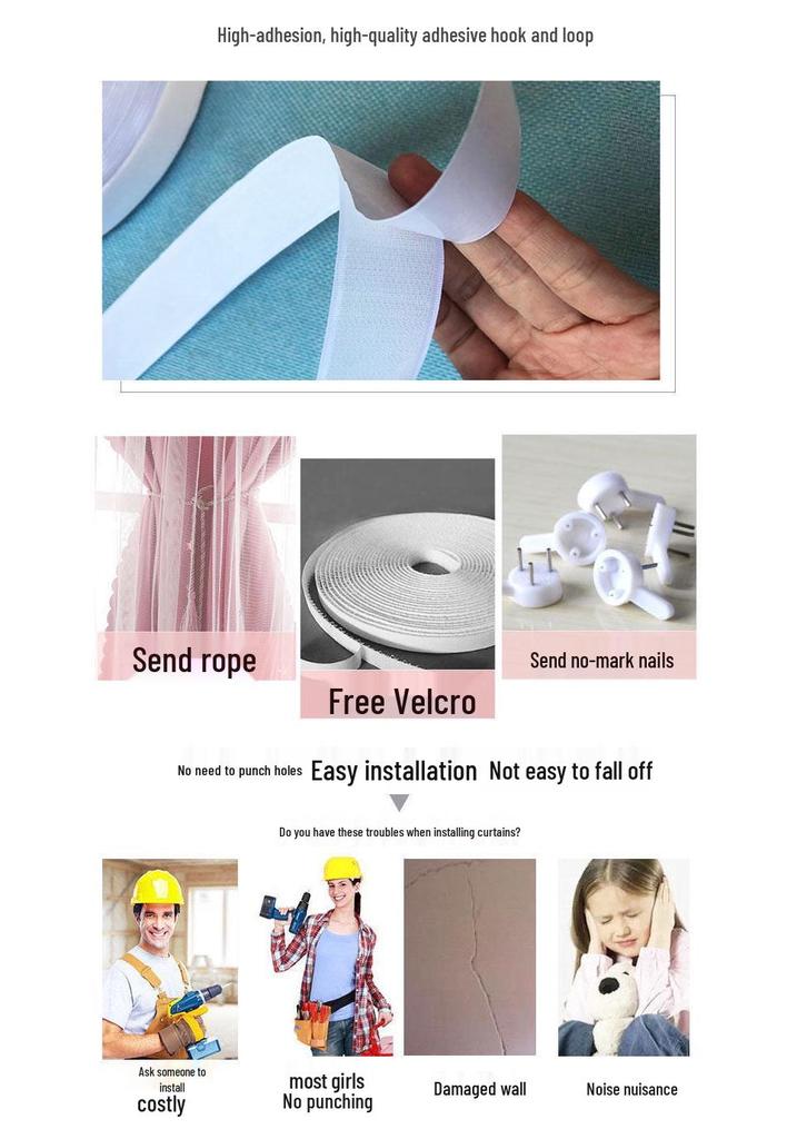 Self-Adhesive Blackout Velcro Curtain with Header for Balcony, Bedroom, Bay Window