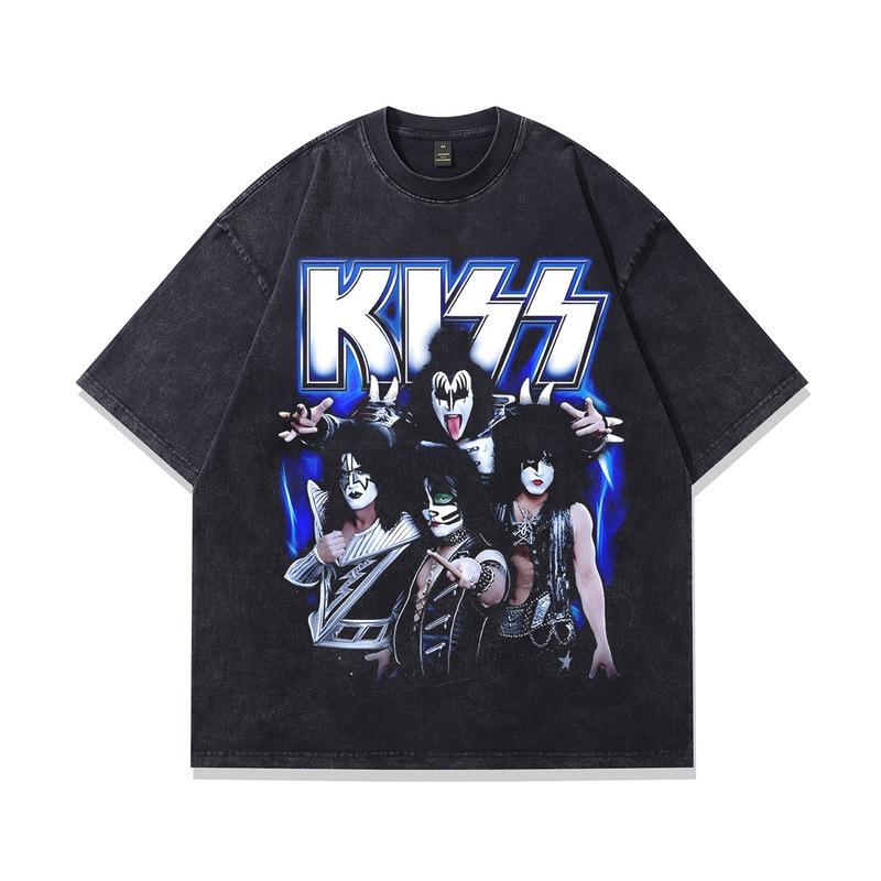 Europäisches Und Amerikanisches High Street Retro Kurzarm-T-Shirt Oversize Gewaschen Rockdruck Vintage Baumwolle Kurzarm-T-Shirt Herren