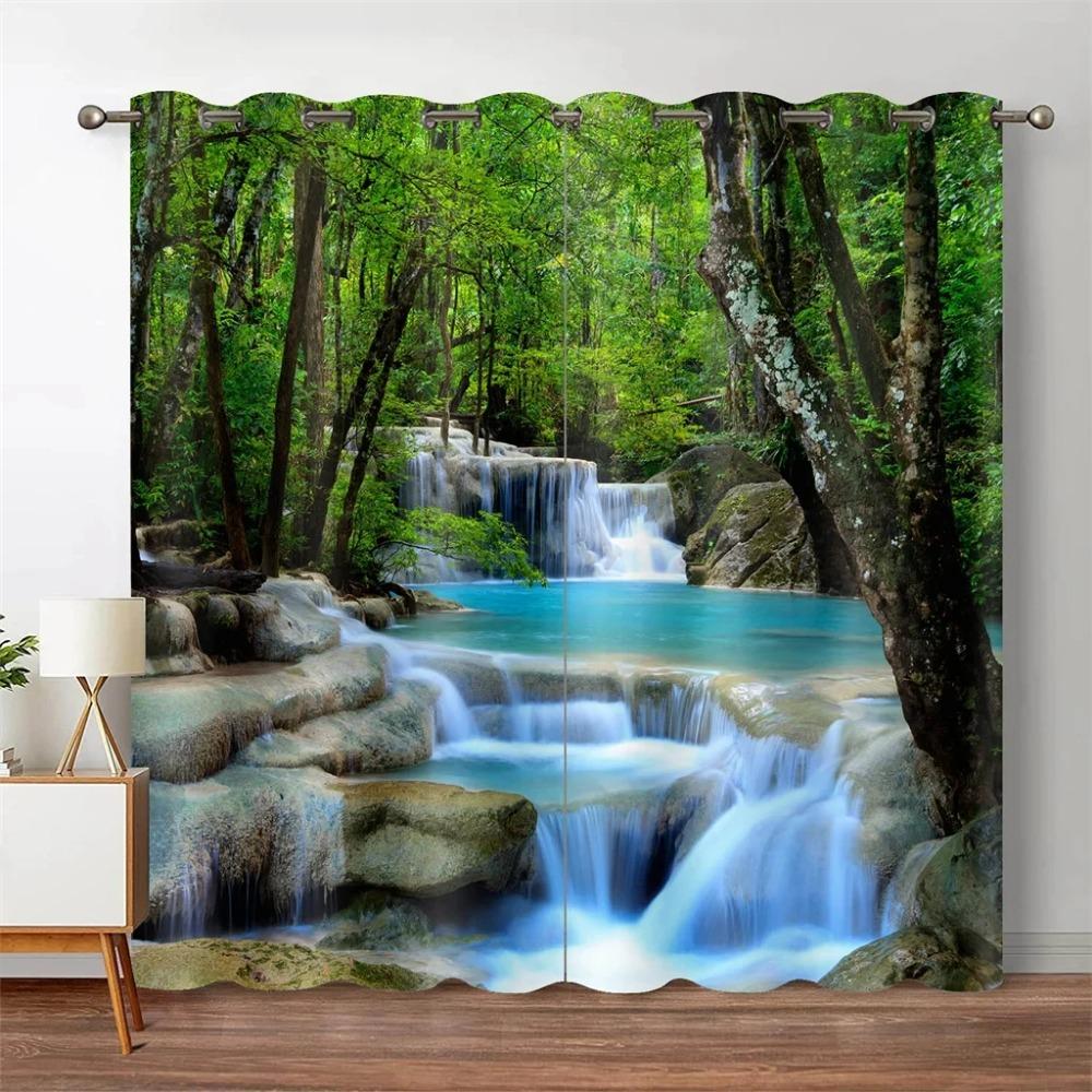 Forest Jungle Tree Natural Scenery Landscape Thin Window Blinds Curtains for Living Room Kitchen Bedroom Waterfall 2Pieces Decor