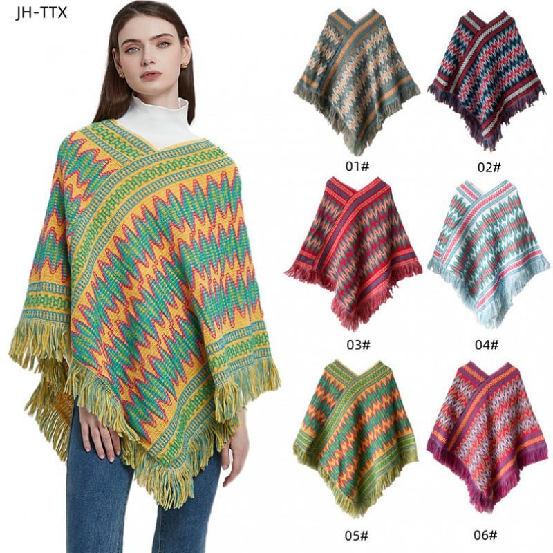 Poncho a maglia stile etnico da donna con nappe, caldo, invernale, con cappuccio, mantello, cardigan