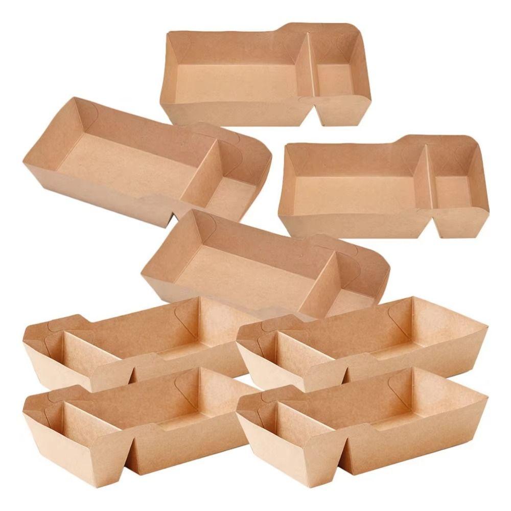 50Pcs 320/440/520ML Capacity Disposable Food Serving Tray Two Grids Kraft Paper Snack Box Camping