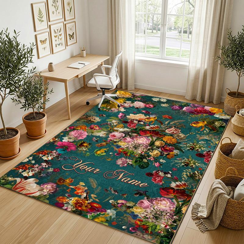 Floral Garden Theme Crystal Velvet Rug Personalized Custom Name Text Soft Floor Mat Home Decor
