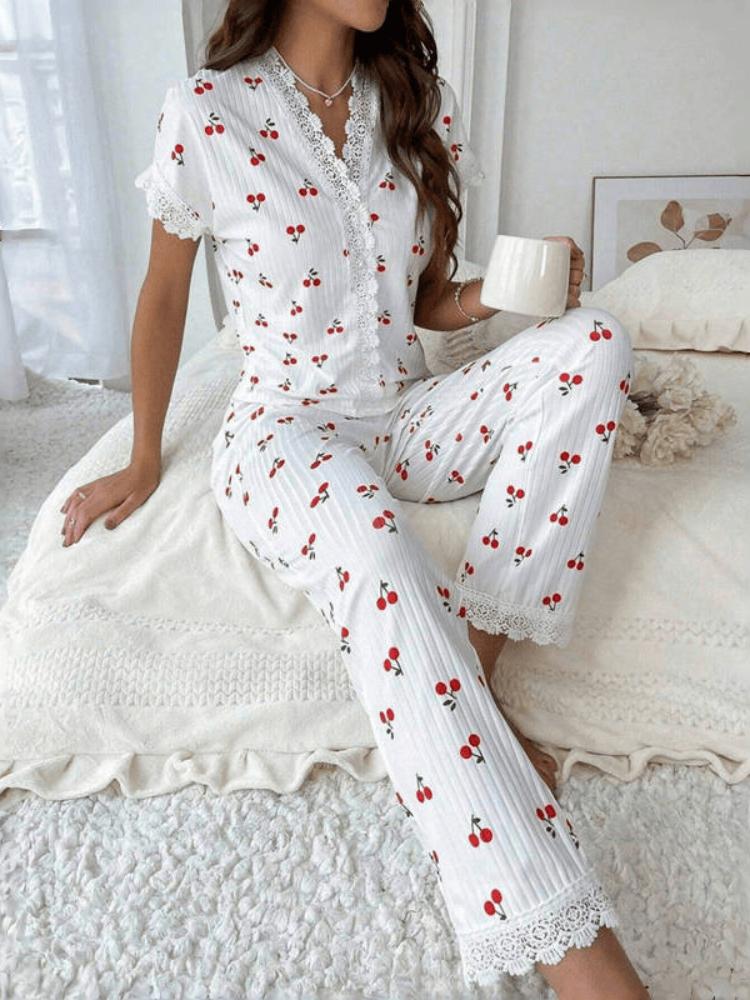 Ladies' Home Wear, Cherry Print Water-soluble Embroidered Edge Short-sleeved and Long Pants Pajama Set, Suitable for Women To Wear Pajamas Outside