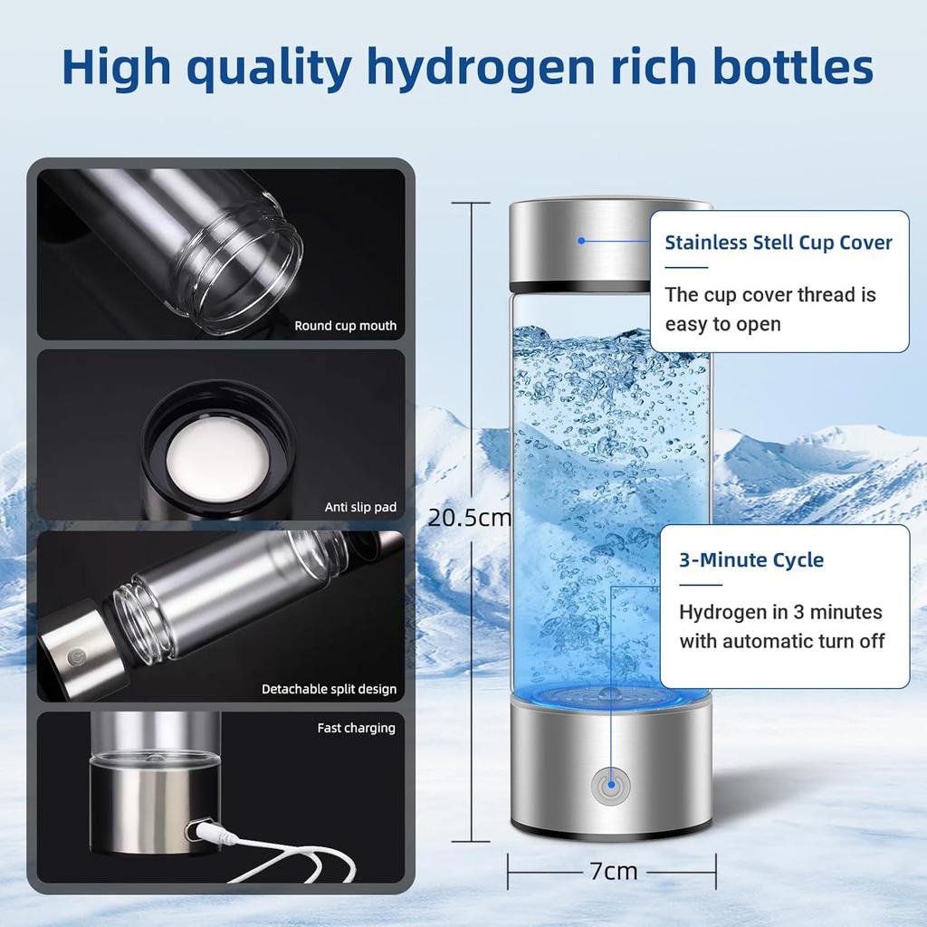 Hydrogen Water Bottle Portable Rechargeable Hydrogen Water Rapid Electrolysis with SPE/PEM Technology for Home Office Travel