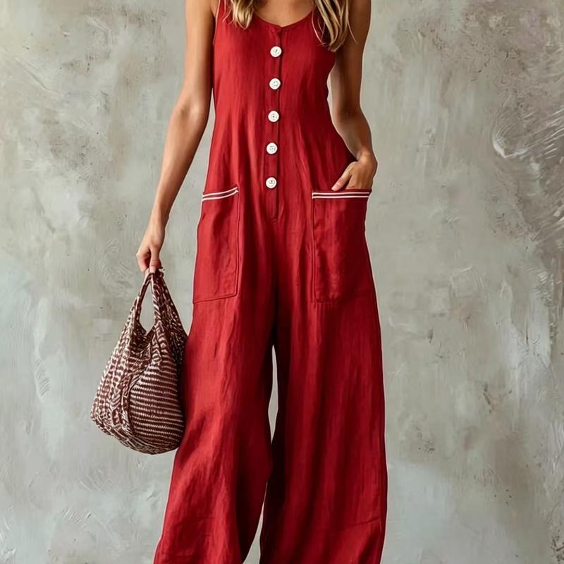 European Style Spring and Summer Casual Button U Solid Color Women L