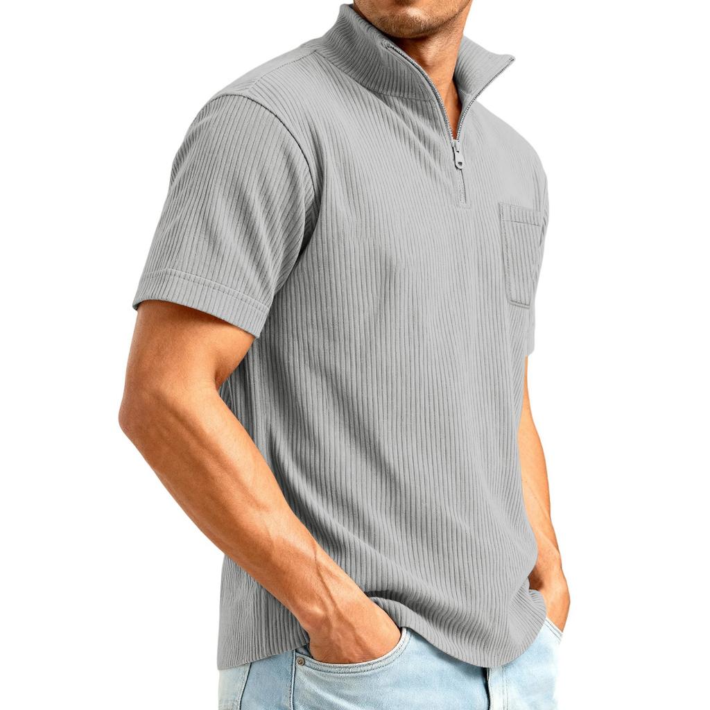 Men's 1/4 Zip Corduroy Short Sleeve Top | Loose Fit Fashion Casual Pullover For Daily Wear