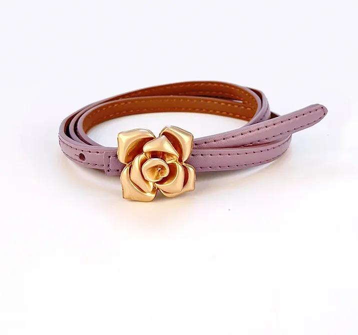 1.0cm New Unique Rose Genuine Leather Gold Belt Women Fashion Cowskin Flower Thin Belts Female Jeans Dress Waistband