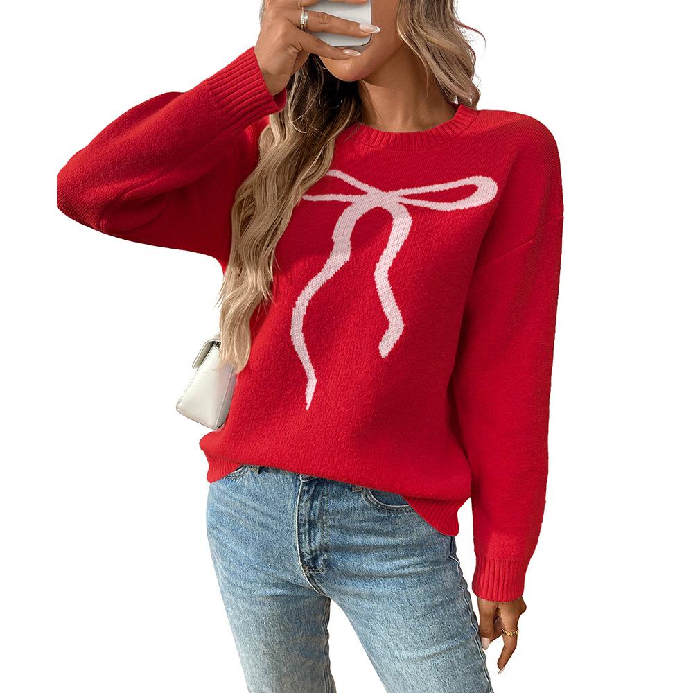 Spring and Autumn Cute Casual Bow Printed Round Neck Women's Sweaters