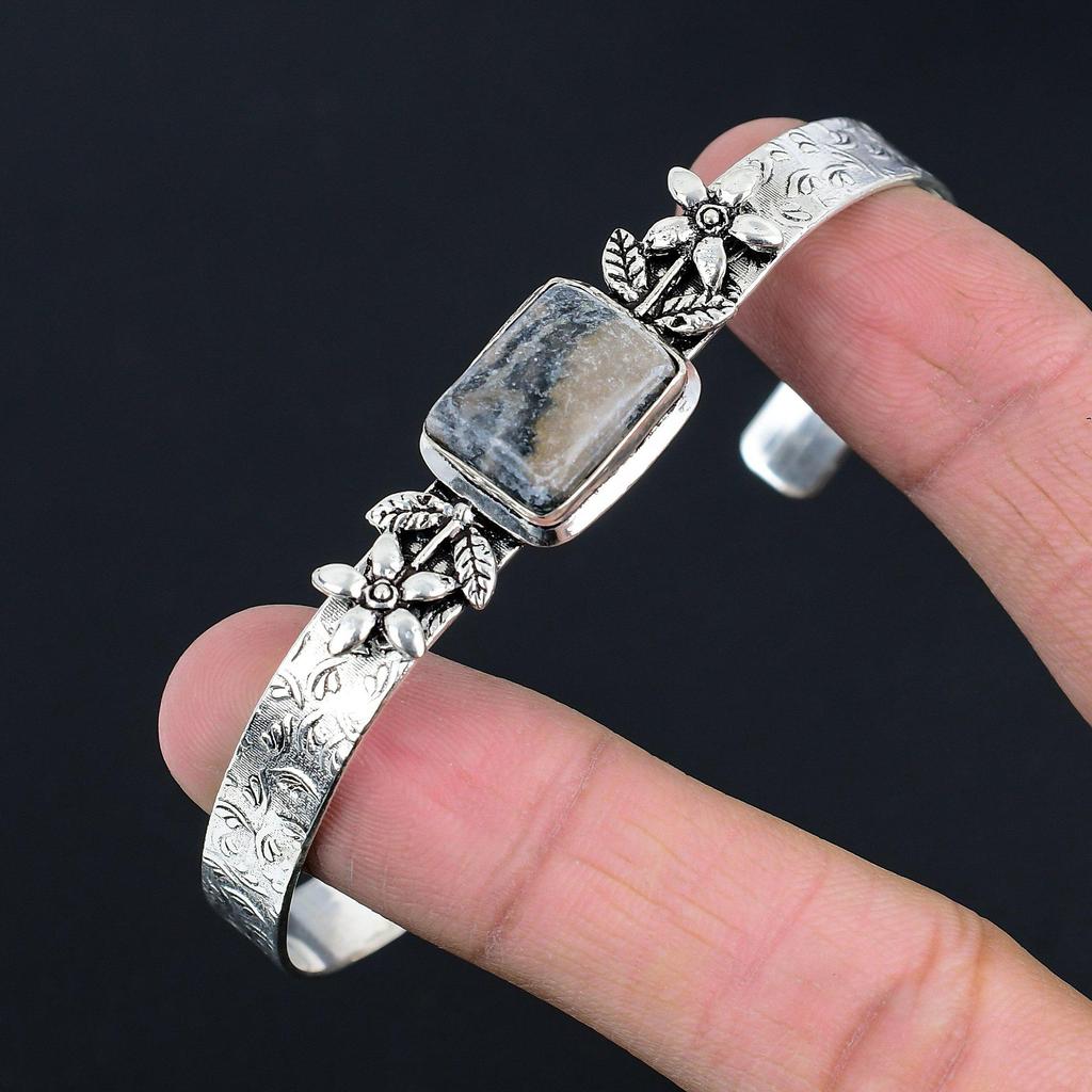 Sterling Silver Natural Spider Web Jasper Flower Engagement Wife Bangle Bracelet