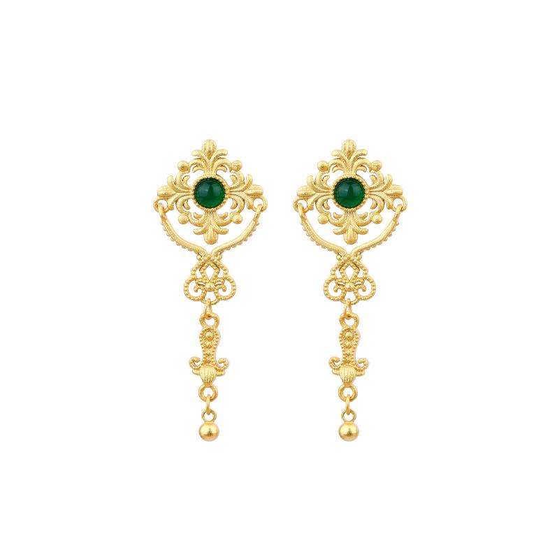 Aieryuan Gold-Plated Jade Tassel Earrings with Silver Studs