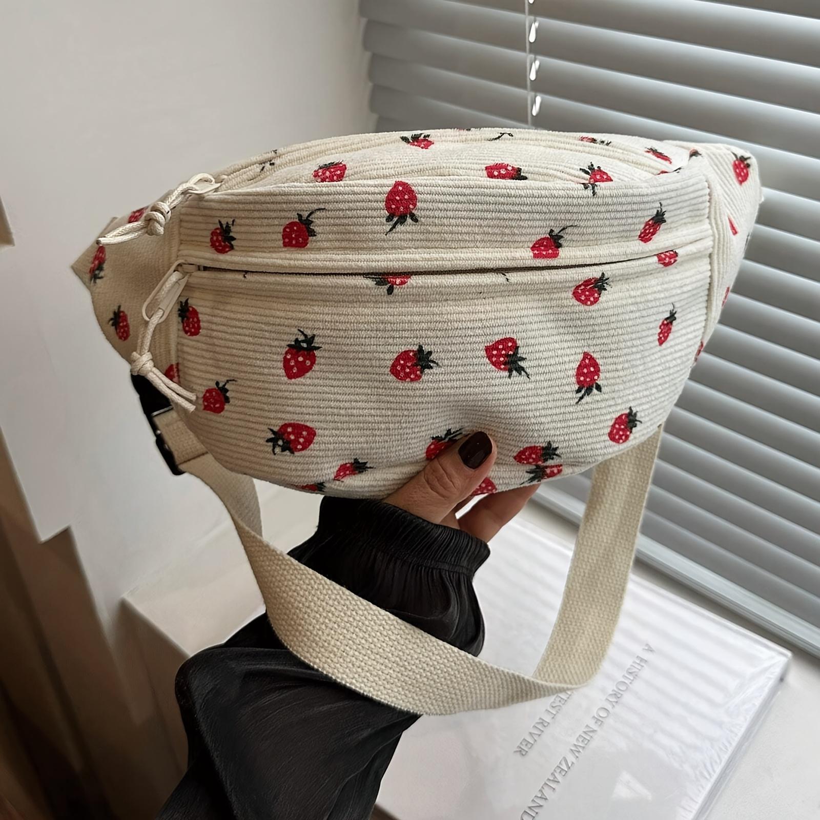 

Клубничная поясная сумка Регулируемая клубничная вельветовая поясная сумка | Женская многосезонная повседневная сумка с застежкой-молнией, полиэстеровая подкладка белый