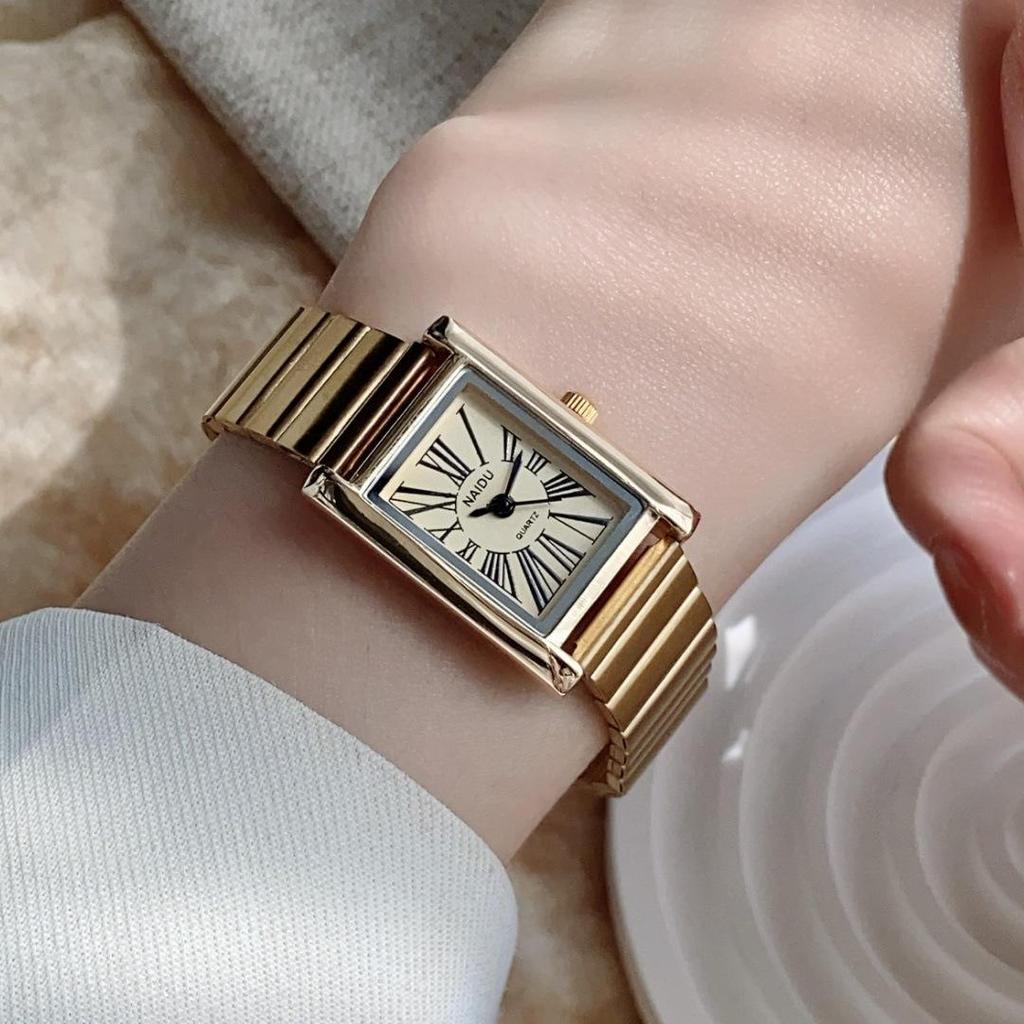 Women's Luxury Quartz Watch with Roman Numerals, Square Face, Bamboo-Style Steel Band, Niche Design.