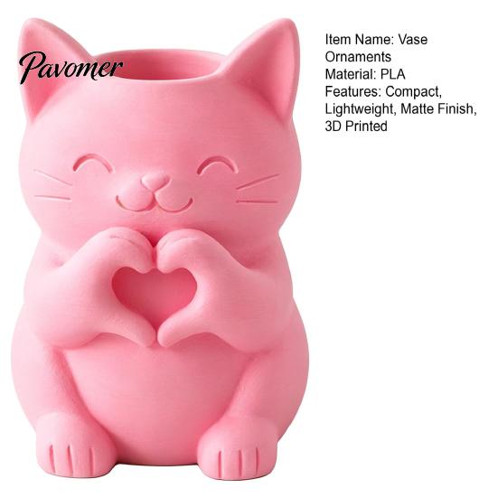 Whimsical Studio Display Props 3D Printed Cat Vase, Cute Smiling with Heart‑Hand Gesture Flower Holder, Creative Pen Cup for Office Animal