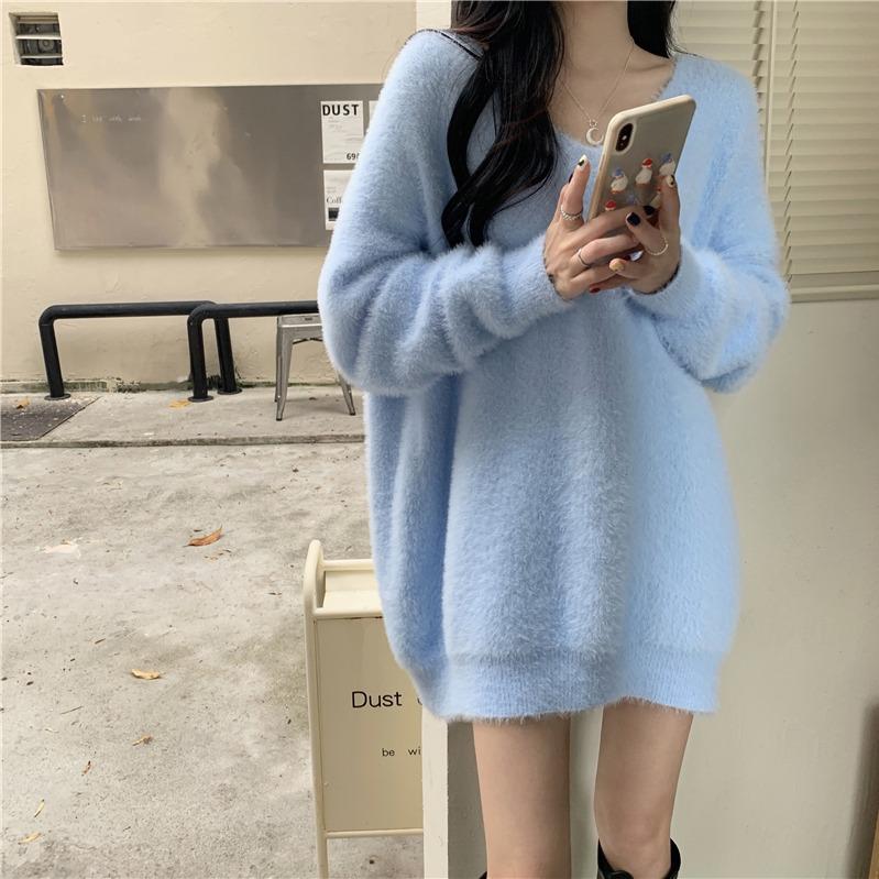 Women's Imitation Mink V-Neck Sweater - Spring & Autumn Korean Sweet Lazy Style, Soft & Plus Size Knitted Sweater