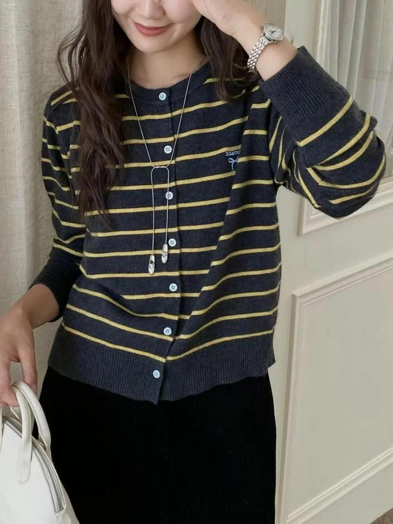 Korean Style Striped Bow Embroidery Knit Cardigan