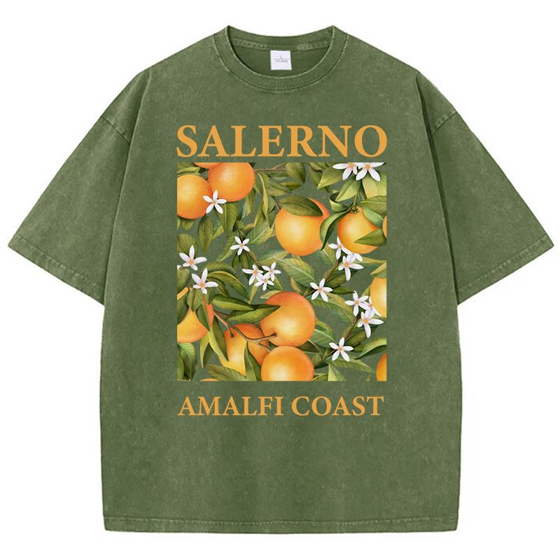 

Салерно Амальфитанское побережье Дизайн Свежие апельсины Женские стиранные футболки Y2K Повседневная футболка Летний хип-хоп топ Хлопок Свободный Короткий рукав L