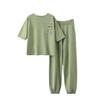 Women's Ice Silk Knitted Suits Summer O Neck Short Sleeve Long Pants Large Two Piece Set