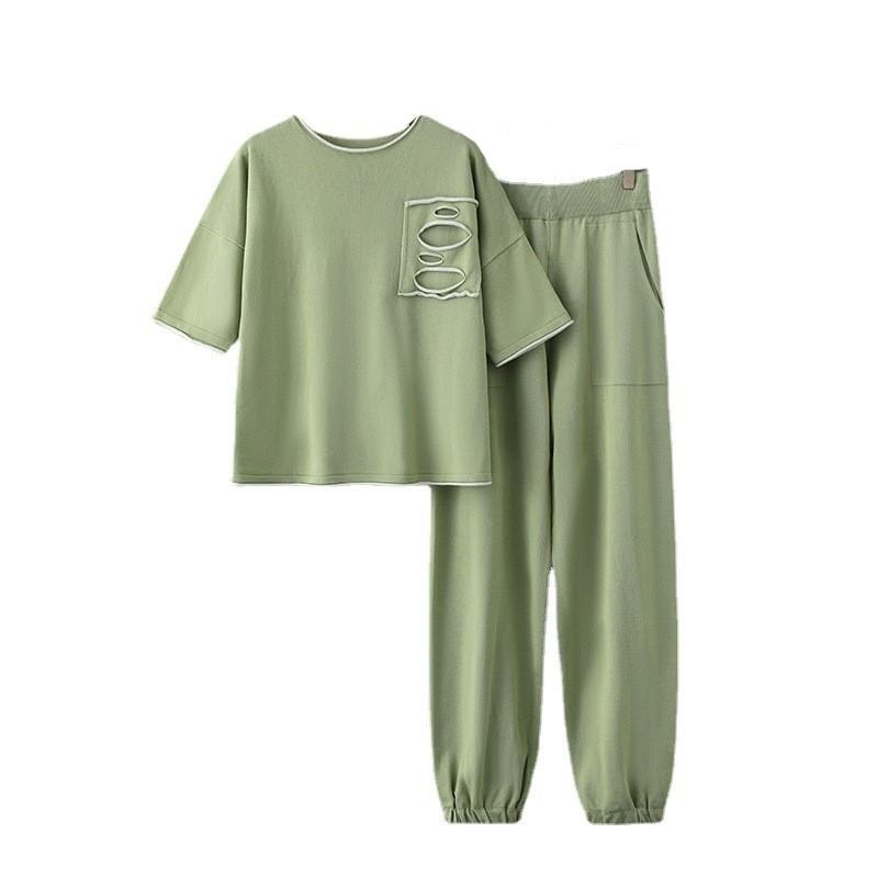Women's Ice Silk Knitted Suits Summer O Neck Short Sleeve Long Pants Large Two Piece Set