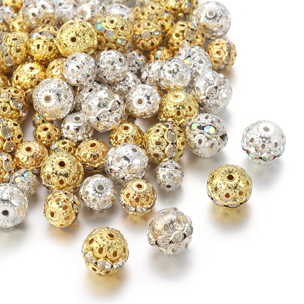 10Pcs/Lot 6 8 10 12mm Round Ball Crystal Rhinestone Beads Hollow Metal Beads Spacer Beads For Jewelry Making DIY Accessories