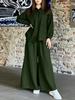 Women's Long Sleeve Button Front Shirt and Wide Leg Pants Set in 7 Colors