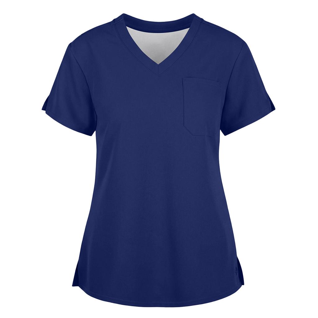 Women's Fashionable Loose-Fit Short-Sleeve V-Neck Workwear Blouse With Slit And Pockets