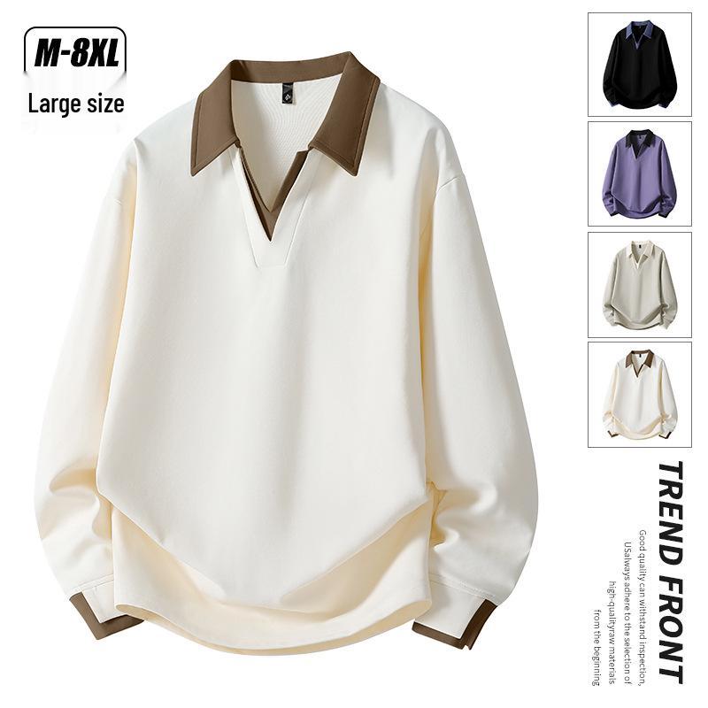 Men s Plus Size Color Block Fake Two-Piece Polo Collar Long Sleeve Sweatshirt for Autumn/Spring 7XL