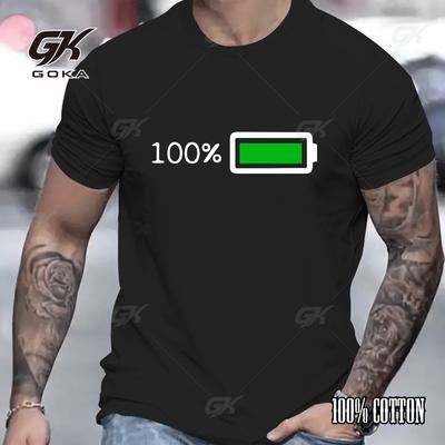 Schwarzes T-Shirt mit Grafik einer vollen Batterie Bequeme lässige Kurzarm-Tees Lustiges und energiegeladenes Design für Technikbegeisterte Tops