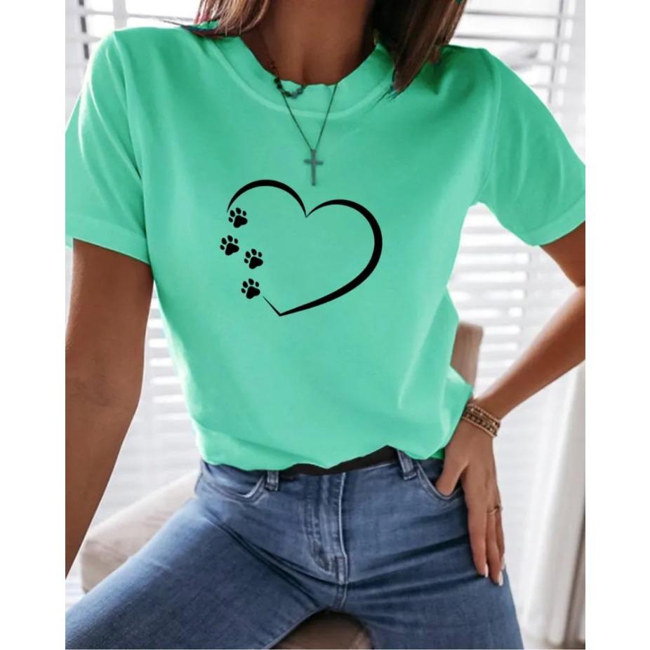 Dámské bavlněné letní tričko s krátkým rukávem a potiskem srdce, s kulatým výstřihem