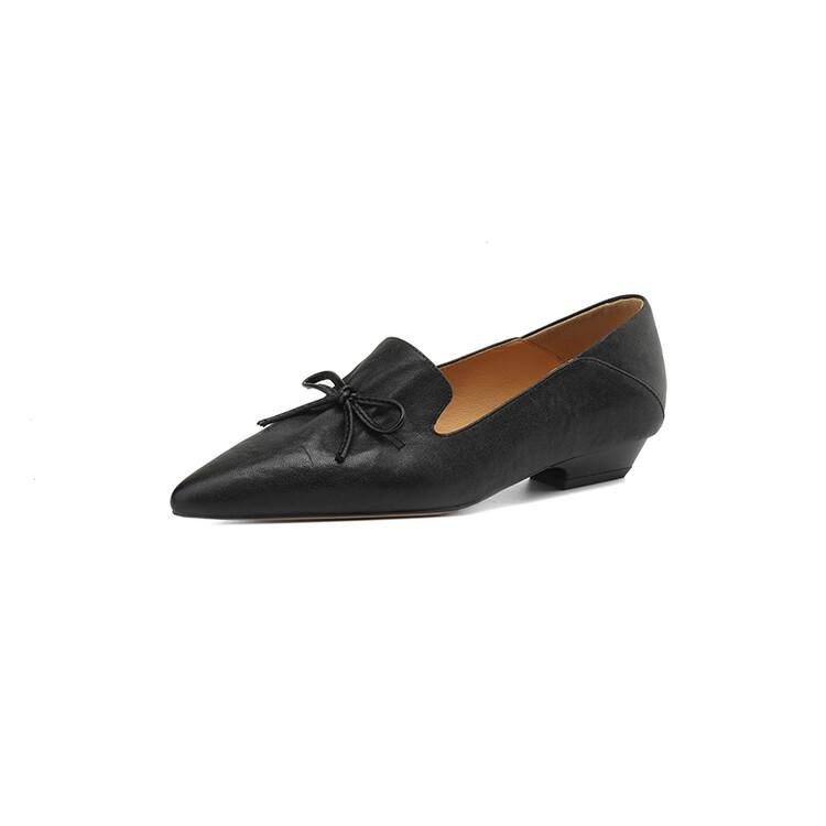 Fashion New Spring Genuine Leather Women Shoes French Retro Pointed Toe Women Pumps Bow Loafers Shoes for Women Low Heel Ladies Shoes