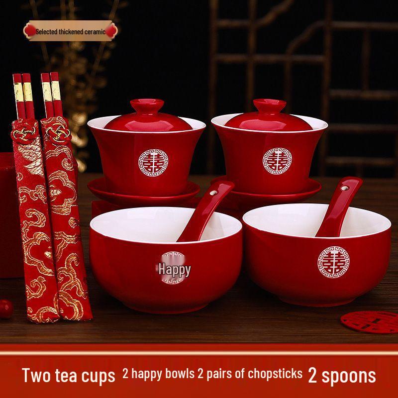 Red Wedding Tea Set: Complete Cups, Lid, Bowl & Chopsticks Set for a Joyous Occasion