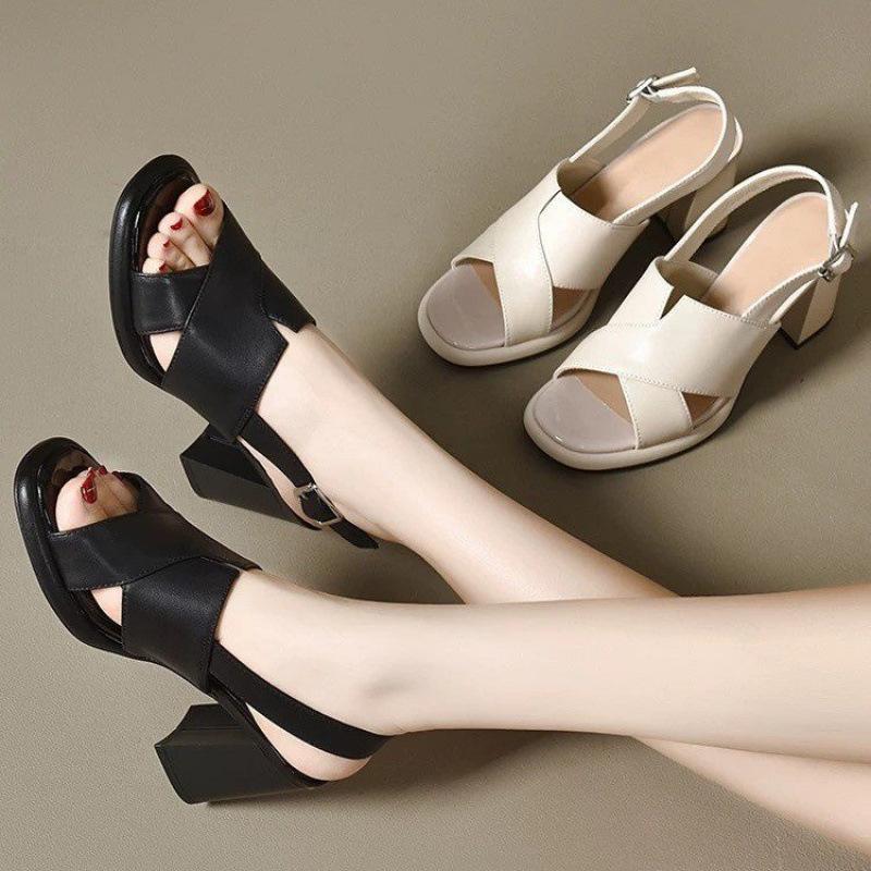 Fish Mouth Sandals Summer New European and American Style Thick Heel Cross Sandals Two High Open Toe Fashion Shoes