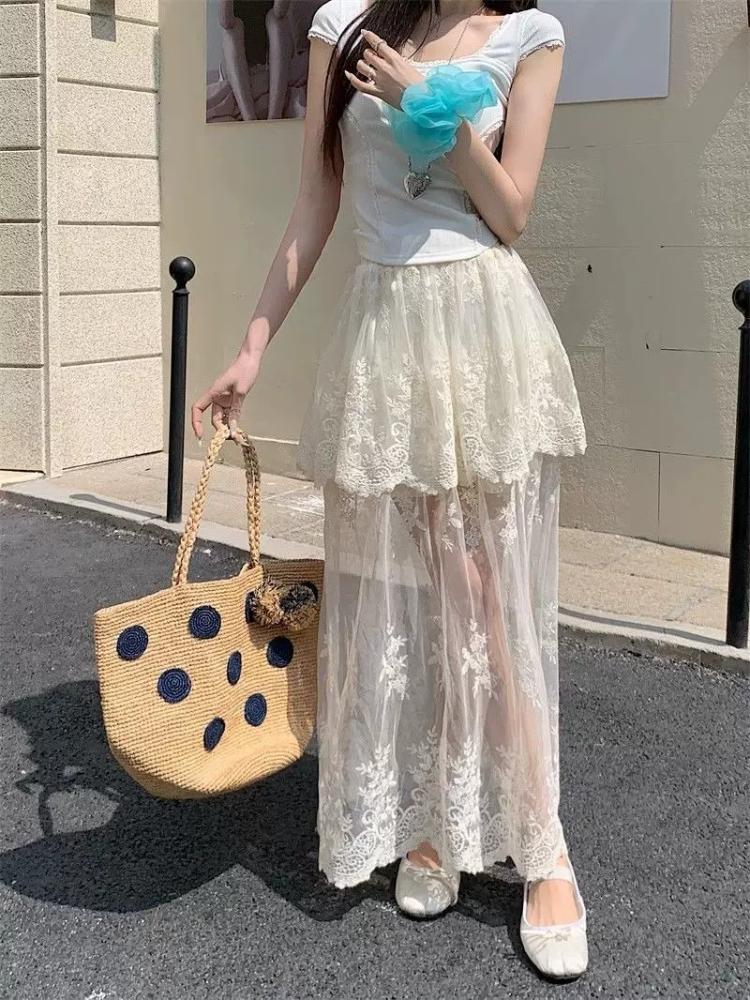 New 2026 Summer Sweet Lace Lolita Skirts Womens Kawai Korean Fashion Skirt Girl Japan Elegant High Waist A-Line Y2k Skirt