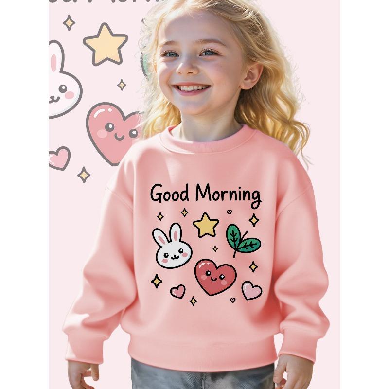Kids Crewneck Sweatshirt, Cute Good Morning Bunny Hearts Stars Leaves Graphic Print