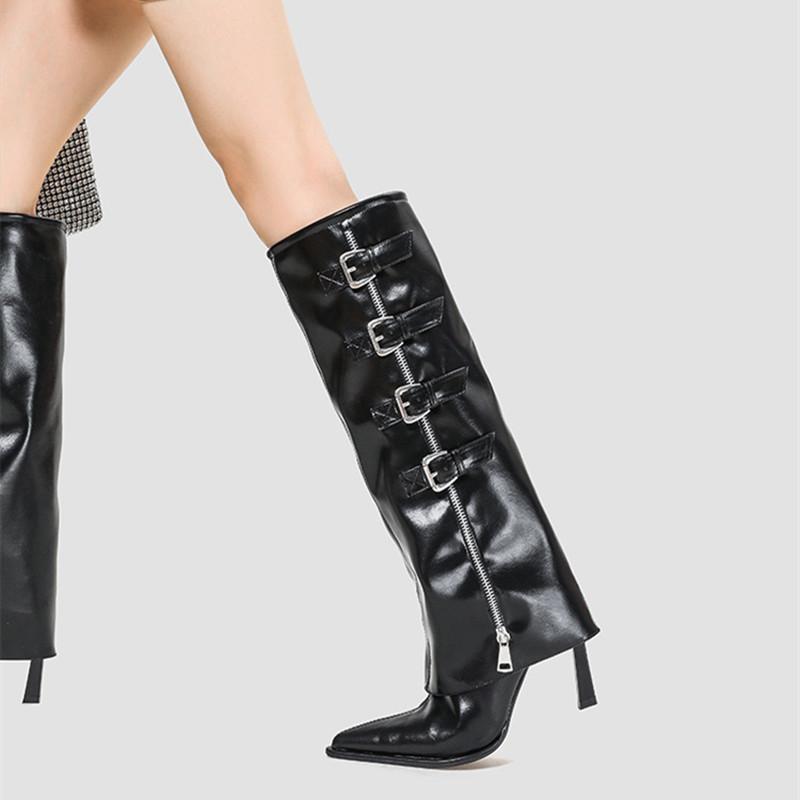 Fashion Runway style Fashion Patent Leather Belt Metal Buckle Women Motorcycle Knee-High Boots Autumn Winter High Heels Long Boots Shoes