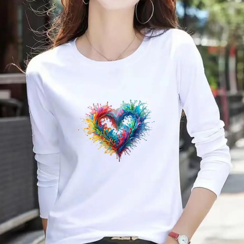 Women's Casual Heart Letter Print Long Sleeve Round Neck T-shirt for Spring & Autumn