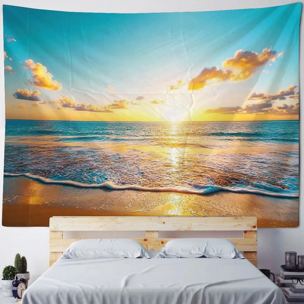 Colorful Sky Beach Sunrise Tapestry - Wall Hanging Bed Blanket Beach Picnic Mat for Home Studio Decoration