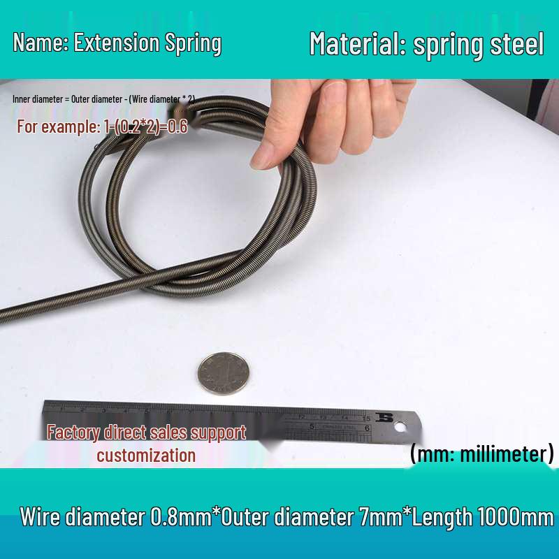 1m Spring Coil Extension with Hook - Strong Tensile Force, Thin Soft Sheath, for Tarpaulins & Sliding Doors