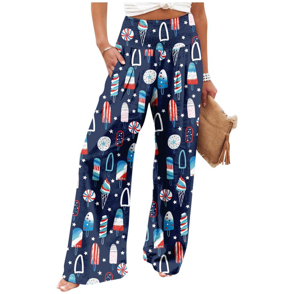 Women's Fashion Loose Casual Independence Day Print High Waist Wide Leg Pants Casual Pants