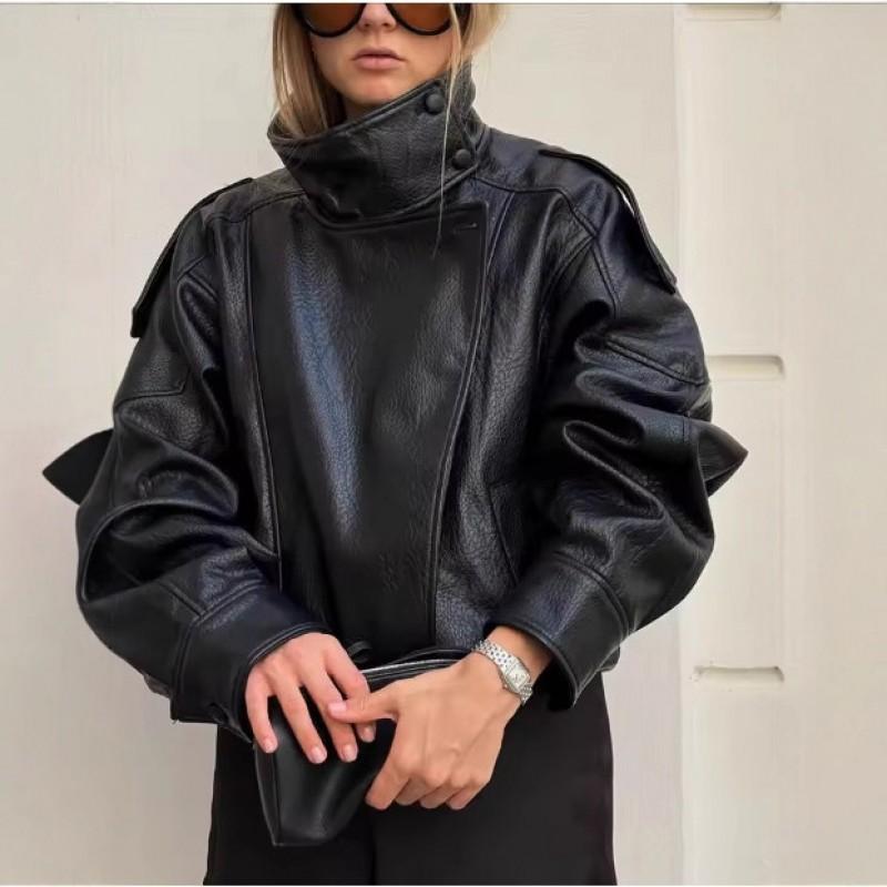 ZA Womens Long Sleeve Stand Collar Faux Leather Jacket Street Style Short Coat