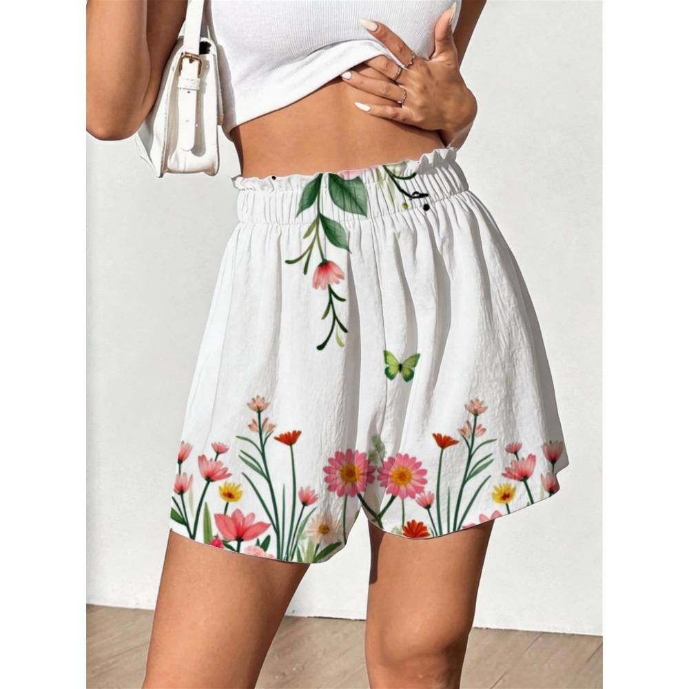 Women S Summer Casual Loose Fit Shorts with Romantic Watercolor Floral And Butterfly Border Print S