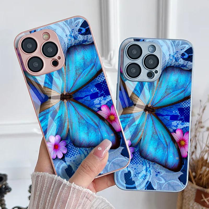 Blue Butterfly for iPhone17ProMax Metallic Paint Glass Mobile Phone Protective Case 17 All-inclusive 15 Fine Holes 16