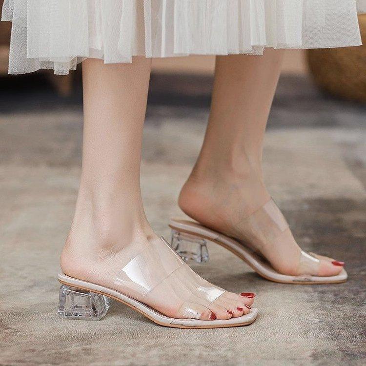 Transparent medium heel crystal shoes high heel sandals new summer fashion thick heel outer wear cool slippers