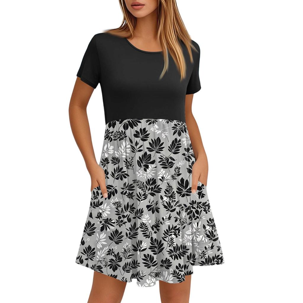 Women's Fashion Casual Loose Round Neck Short Sleeve Printed Pocket Dresses