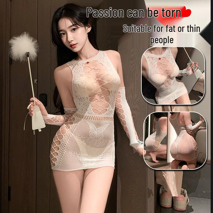 Drunk Cellar Sexy Fishnet Lingerie: European & American Style Hollow Out Bandeau with Removable Open Crotch Bodysuit Set.