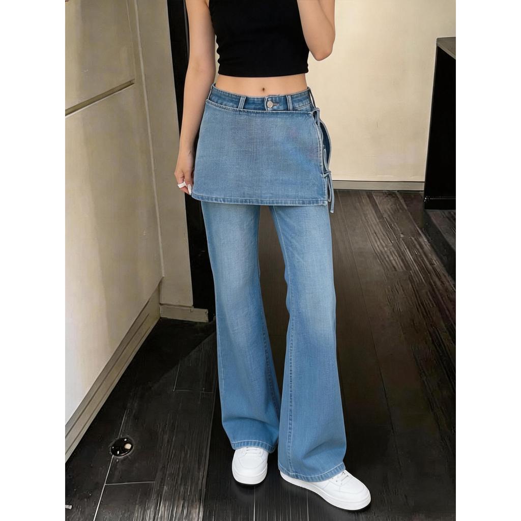 American retro fake two-piece denim skirt pants for women's summer high waist and thin Spice girl design sense wide leg trousers ins wear