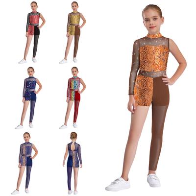 Kids Gymnastics Leotard with 3 Prints (Star/Leopard/Snakeskin): Sparkling Rhinestone & Sheer Mesh Asymmetrical Bodysuit