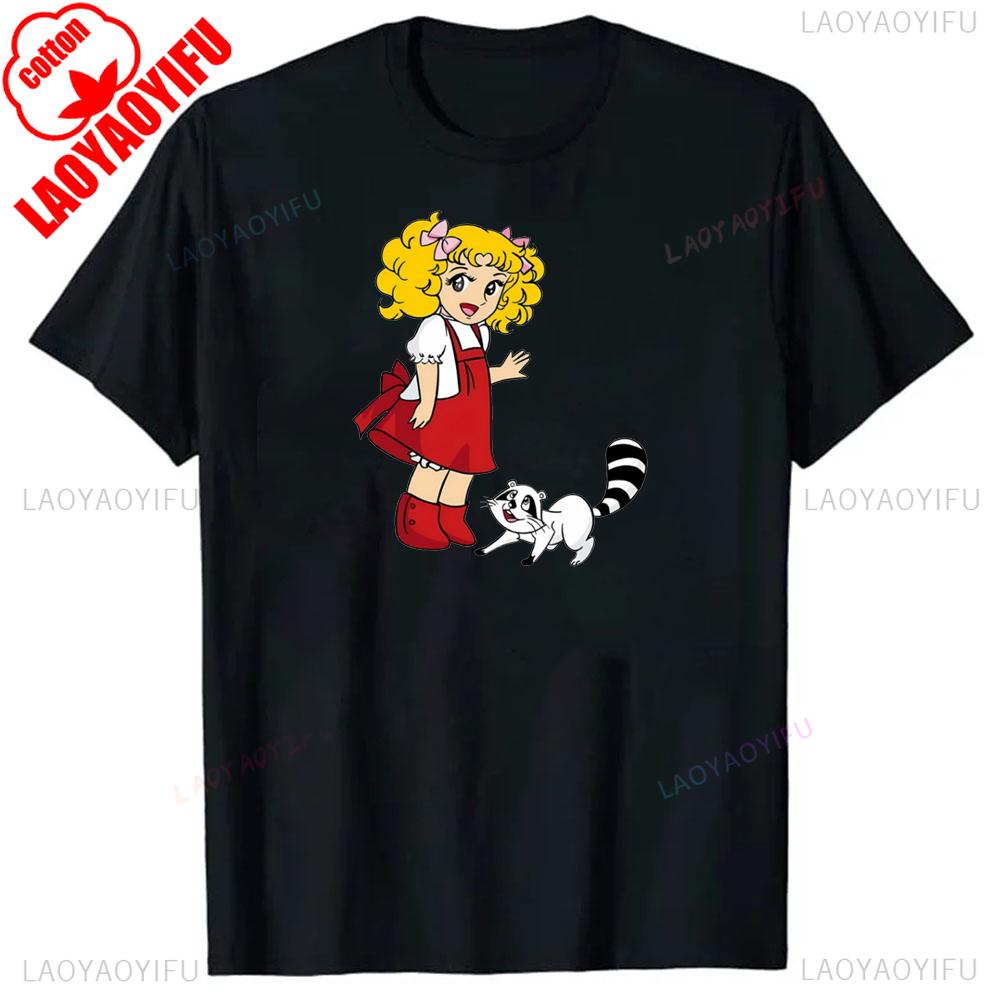 Little Girl with Red Dress and Yellow Hair and Raccoon Vibrant Cartoon Graphic Tee for Women Soft Round Neck Casual & Sporty