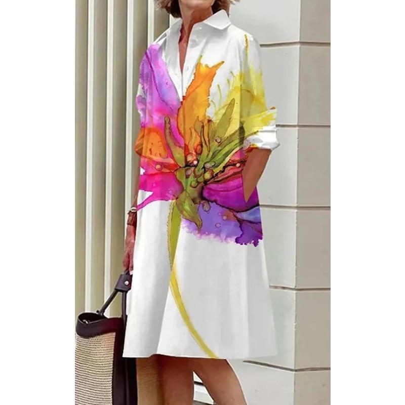 Novos produtos de outono, camisa com gola estampada de bolinhas de temperamento fashion, manga comprida, vestido médio e longo